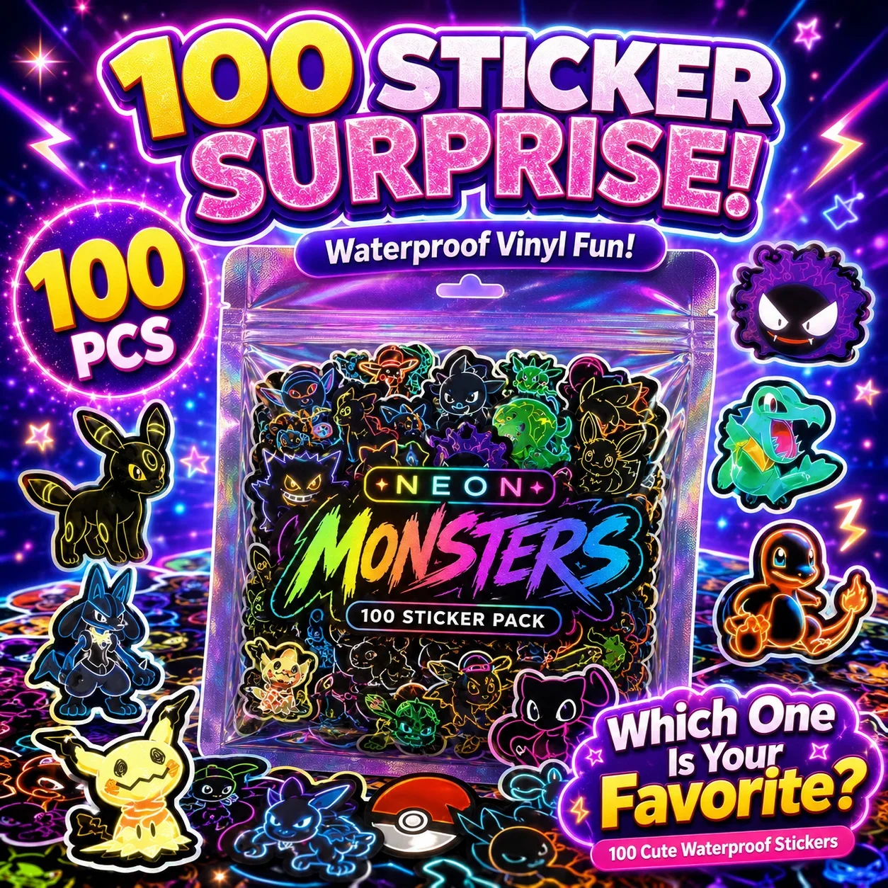 100 buah stiker Pokémon neon,  - Scrapbooking ulasan dan harga